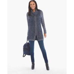 Chico’s Textured Tina Cardigan Sweater in Navy Chain Detail Snaps Size 4